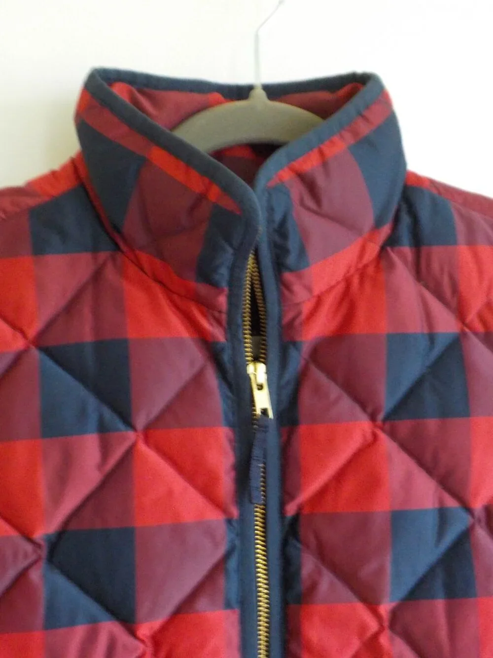 J. Crew Puffer Vest - Small - Red/Blue Plaid Zip Pockets High Collar (2372)